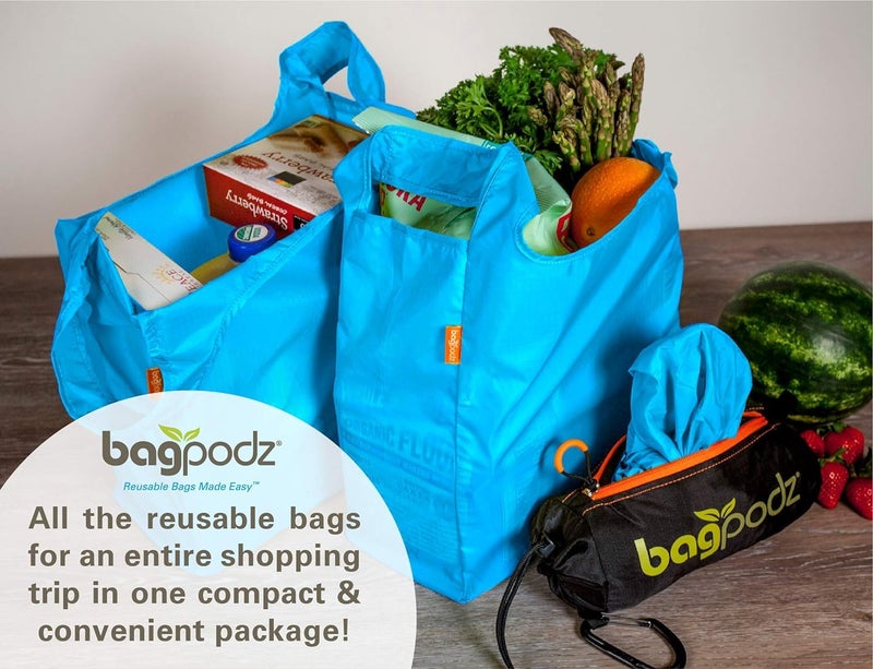 BagPodz Sturdy Reusable Grocery Bags Foldable and Washable - Made From RipStop Nylon Hold 50lbs - Designed in USA Reusable Shopping Bags Inside a Compact Pod with Carry Clip - 10 Pack in Blue - Image 4