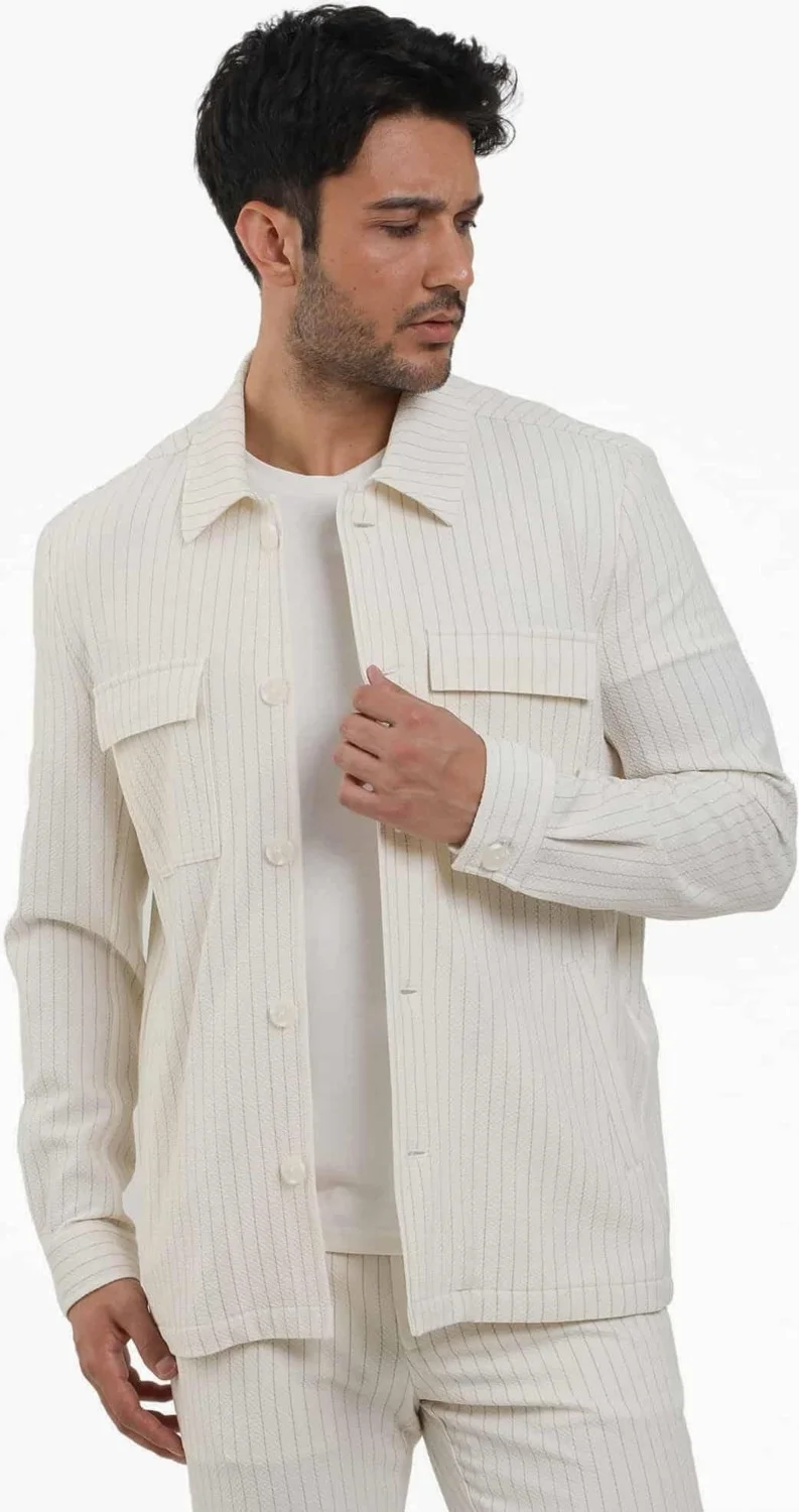 Dufy Ecru Men's Regular Fit Striped Brent Collar Long Sleeve Shirt - 108654