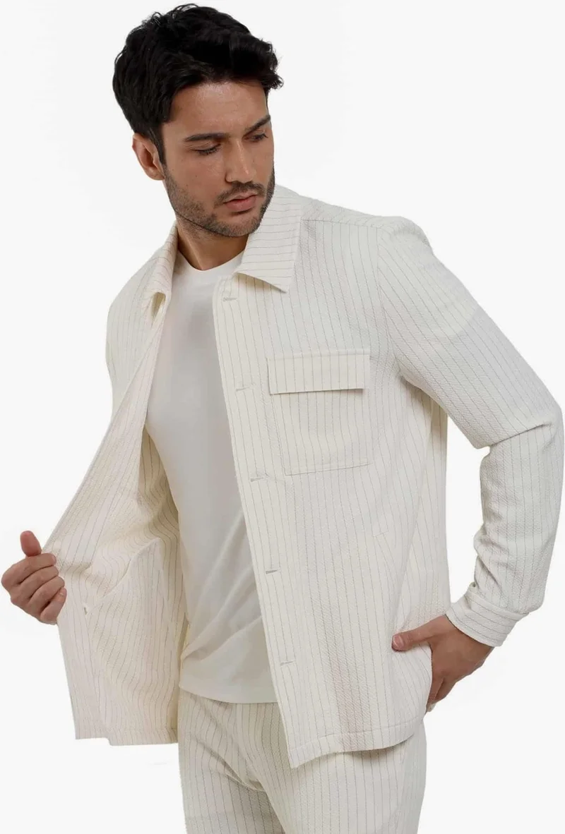 Dufy Ecru Men's Regular Fit Striped Brent Collar Long Sleeve Shirt - 108654