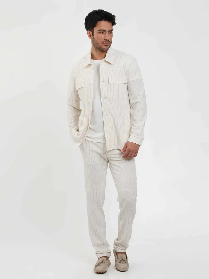 Dufy Ecru Men's Regular Fit Striped Brent Collar Long Sleeve Shirt - 108654