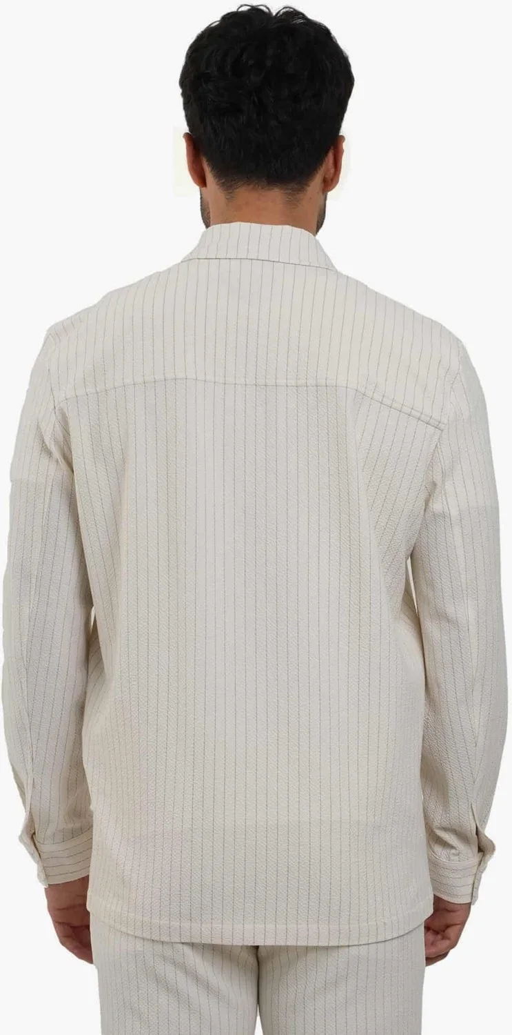 Dufy Ecru Men's Regular Fit Striped Brent Collar Long Sleeve Shirt - 108654