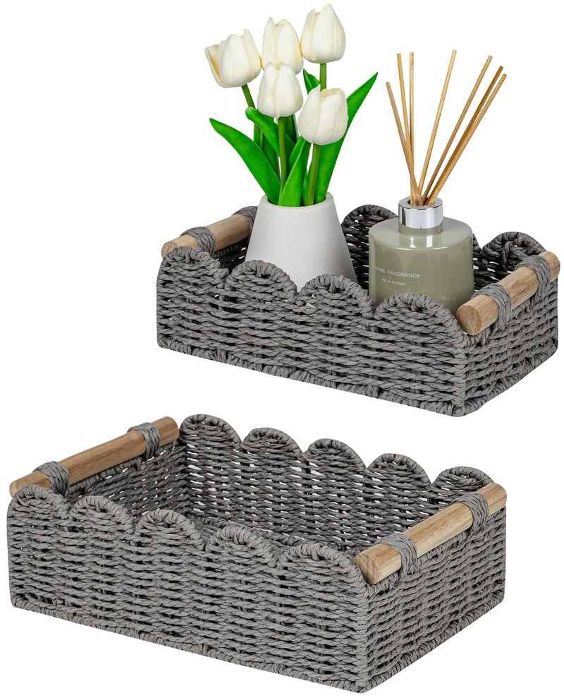 CubesLand Scalloped Edge Decor Baskets for Home, Living Room, Toilet Paper Storage Basket for Over Toilet Tank Top, Storage Shelf, Cute Small Paper Rope Baskets Both Storage&Decor, Set 2 Grey - Image 1