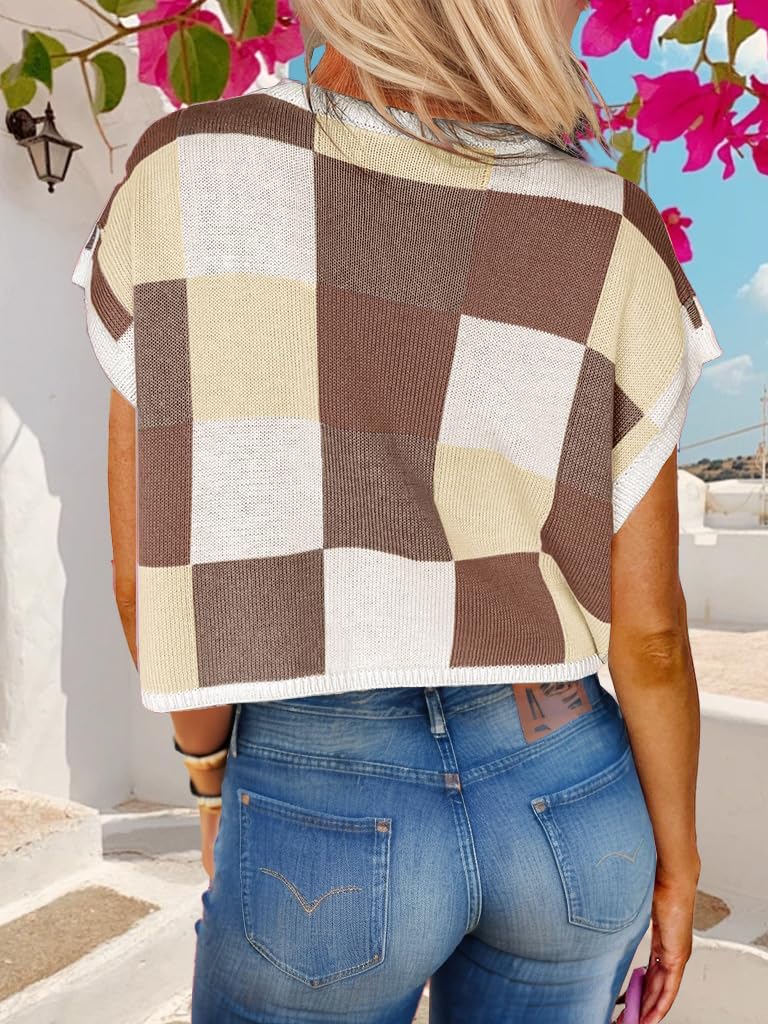 WIFFGO Womens Spring Crop Tops 2026 Summer Cap Short Sleeve Sweater Vest Loose Shirts Cute Trendy Top Vacation Outfits Khaki - Image 5