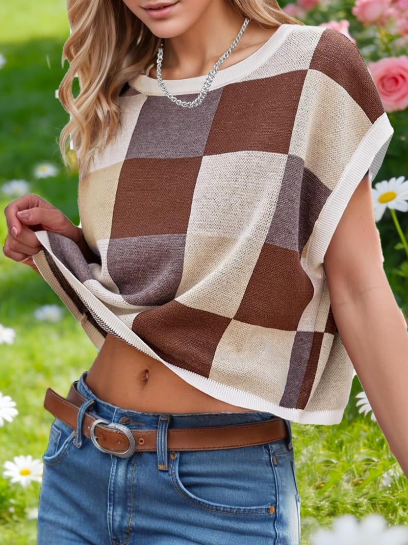 WIFFGO Womens Spring Crop Tops 2026 Summer Cap Short Sleeve Sweater Vest Loose Shirts Cute Trendy Top Vacation Outfits Khaki - Image 3