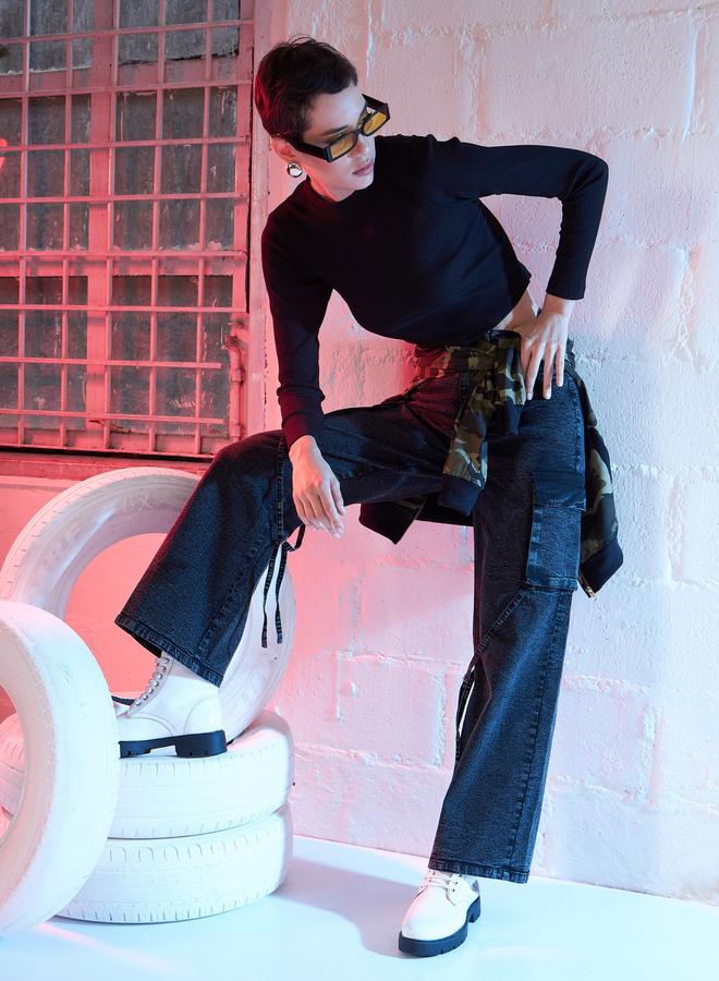 Sassafras Women Black High Rise Straight Fit Cargo Jeans - Image 2