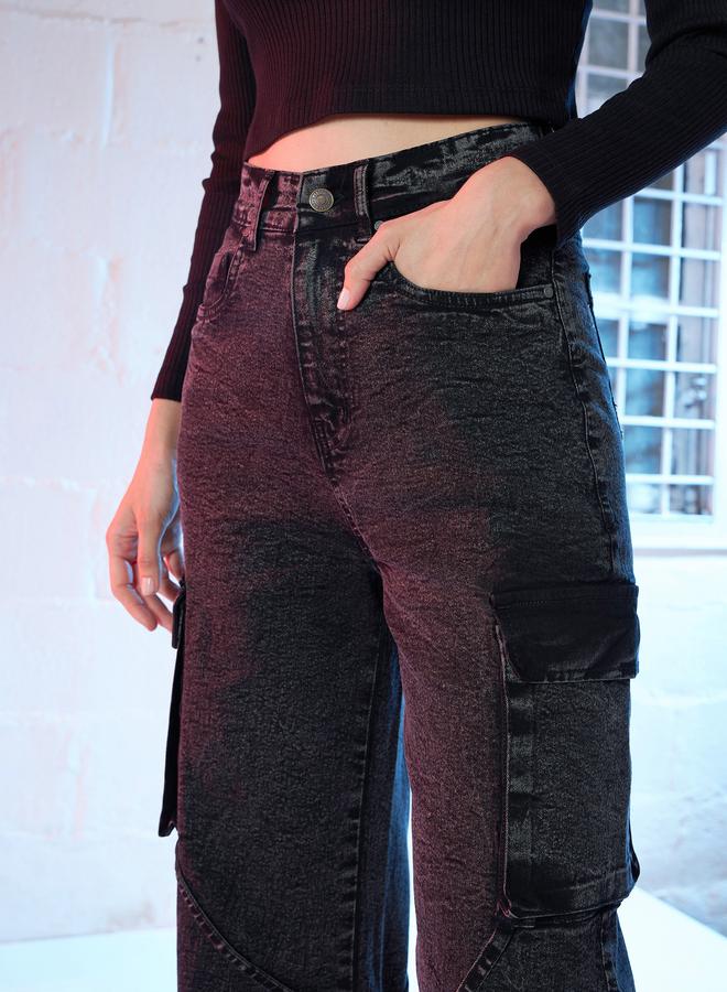 Sassafras Women Black High Rise Straight Fit Cargo Jeans - Image 4