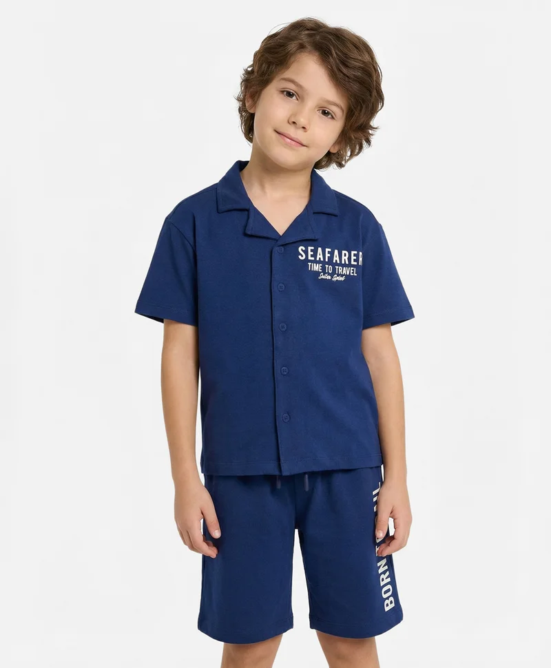 Primo Gino Primo Gino 100% Cotton Knit Printed Half Sleeves Shirt and Shorts Set - Navy Blue