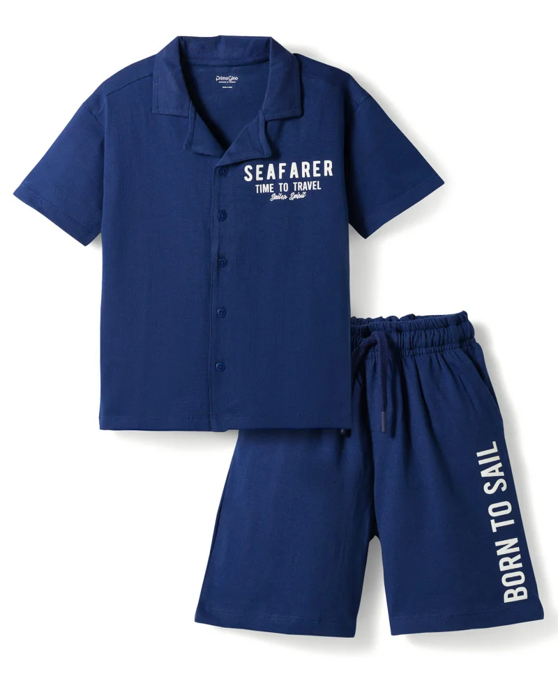 Primo Gino Primo Gino 100% Cotton Knit Printed Half Sleeves Shirt and Shorts Set - Navy Blue