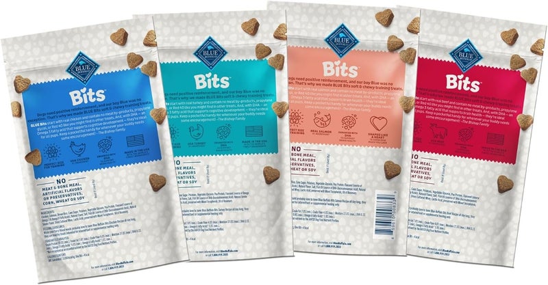 بلو بافلو حلوى تدريب الكلاب Blue Buffalo Blue Bits الطبيعية الناعمة والرطبة، بنكهات لحم البقر والسلمون والديك الرومي والدجاج، عبوة متنوعة 4 أونصات، 4 حصص - Image 2