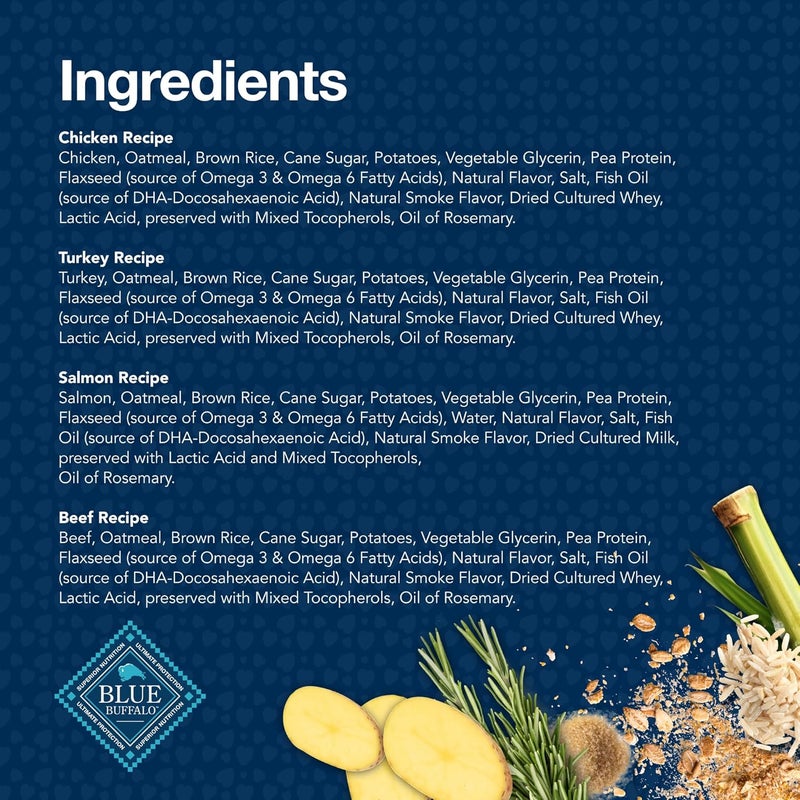 بلو بافلو حلوى تدريب الكلاب Blue Buffalo Blue Bits الطبيعية الناعمة والرطبة، بنكهات لحم البقر والسلمون والديك الرومي والدجاج، عبوة متنوعة 4 أونصات، 4 حصص - Image 5