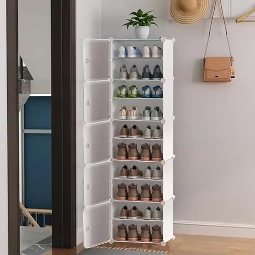 Zemic 𝟏𝟎 𝐒𝐡𝐞𝐥𝐟 Shoe Rack Plastic & 𝐏𝐥𝐚𝐬𝐭𝐢𝐜 𝐒𝐡𝐨𝐞 𝐑𝐚𝐜𝐤 𝐟𝐨𝐫 𝐇𝐨𝐦𝐞 Storage Plastic Organizer with Door for Entryway, Chappal Slipper Sandals Stand【White, 10-Shelf-5-Door】 - Image 1