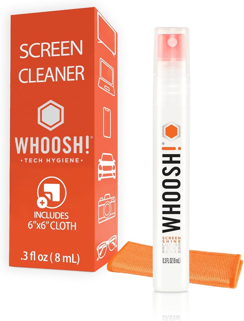 WHOOSH! ! سكرين شاين بوكيت 0.3 أونصة سائلة – منظف قوي لشاشة الكمبيوتر للسيارة، اللابتوب، الهاتف والنظارات – رذاذ منظف للشاشة خالي من الخطوط ومسح، زجاجة أنيقة خالية من التسرب مع قطعة قماش ميكروفايبر - Image 1