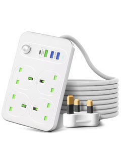 ترينفي سلك تمديد عالمي 9 في 1 - 4 مقابس طاقة و3 منافذ USB، فتحة شحن USB Type-C PD، زر تشغيل/إيقاف، سلك تمديد رباعي الاتجاهات للمنزل والمكتب، شريط طاقة مع باب أمان للأطفال وحماية للأطفال، شريحة ذكية بالداخل ووظيفة مضادة للاشتعال (قد يختلف اللون المتوفر باللونين الأبيض والأسود)  - Image 1