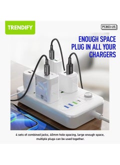 ترينفي سلك تمديد عالمي 9 في 1 - 4 مقابس طاقة و3 منافذ USB، فتحة شحن USB Type-C PD، زر تشغيل/إيقاف، سلك تمديد رباعي الاتجاهات للمنزل والمكتب، شريط طاقة مع باب أمان للأطفال وحماية للأطفال، شريحة ذكية بالداخل ووظيفة مضادة للاشتعال (قد يختلف اللون المتوفر باللونين الأبيض والأسود)  - Image 2