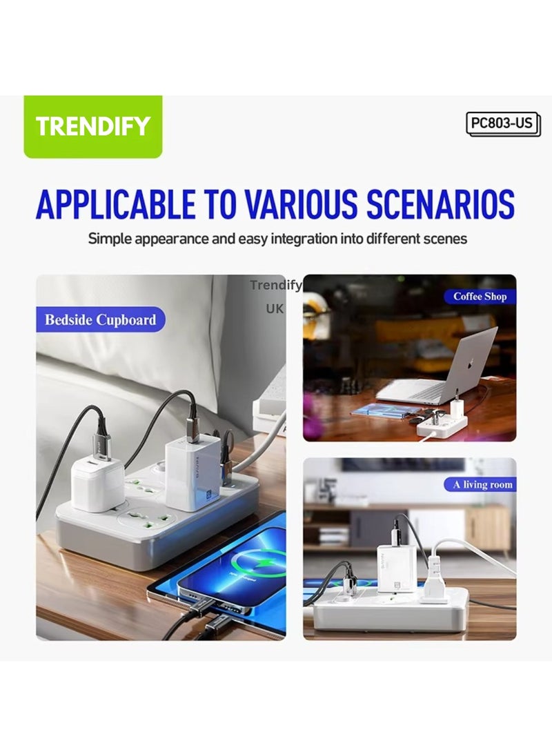 ترينفي سلك تمديد عالمي 9 في 1 - 4 مقابس طاقة و3 منافذ USB، فتحة شحن USB Type-C PD، زر تشغيل/إيقاف، سلك تمديد رباعي الاتجاهات للمنزل والمكتب، شريط طاقة مع باب أمان للأطفال وحماية للأطفال، شريحة ذكية بالداخل ووظيفة مضادة للاشتعال (قد يختلف اللون المتوفر باللونين الأبيض والأسود)  - Image 4