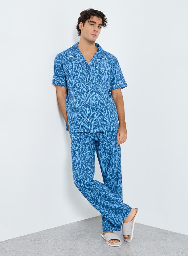 Styli Men Leaf Print Relaxed Fit Shirt and Pyjama Set - Image 1