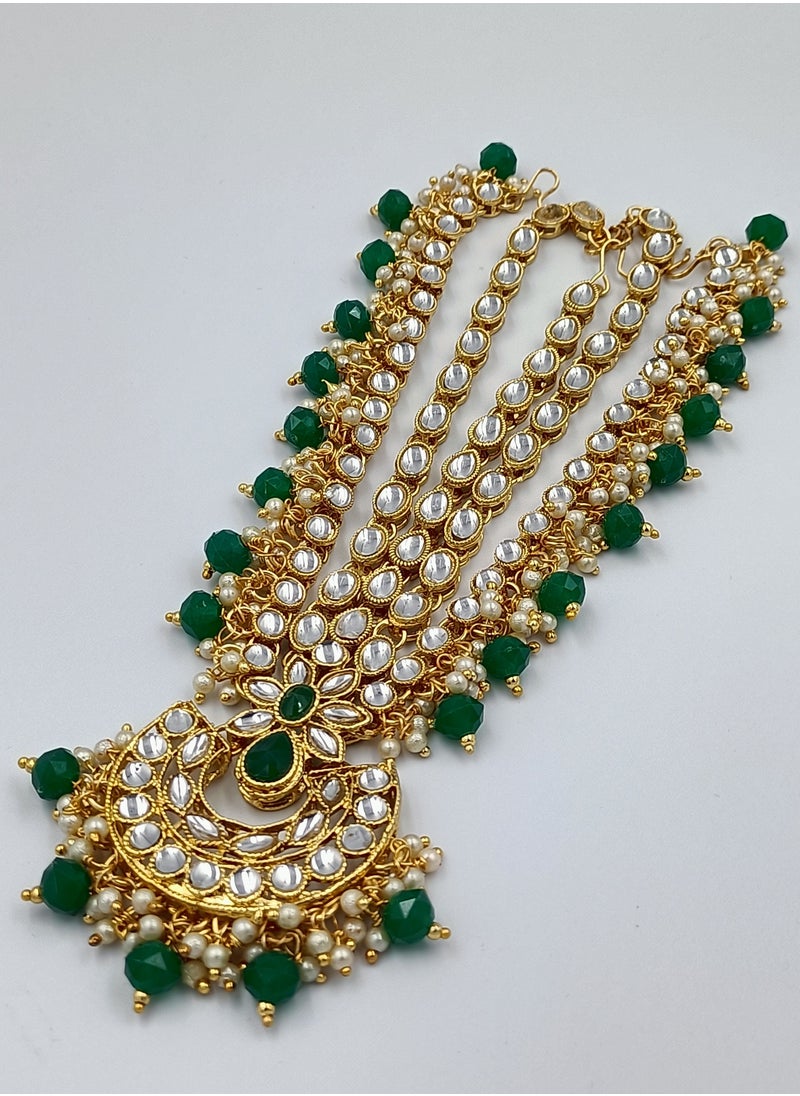 Generic Gold-Plated  Party-wear Green & White Kundan-Studded Pearl Embellished Handcrafted Maang tikka   Ethnic Traditional Wedding Bridal Hair Accessories Decorative Forehead Headpiece Hair Jewelry Chain  - Image 2