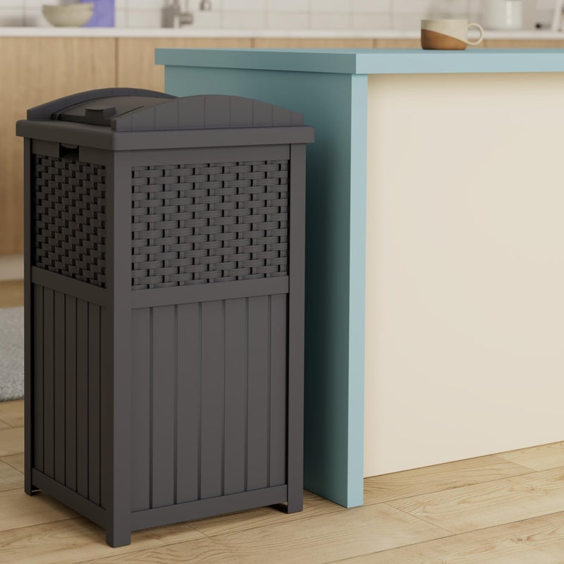 Suncast 33 Gallon Wicker-Style Hideaway Trash Can with Secure Latching Lid and Weather-Resistant Construction for Patio, Cyberspace Grey, Made in the USA - Image 2