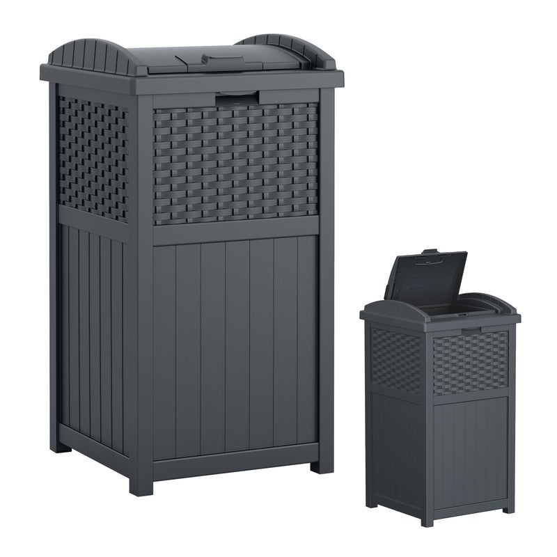 Suncast 33 Gallon Wicker-Style Hideaway Trash Can with Secure Latching Lid and Weather-Resistant Construction for Patio, Cyberspace Grey, Made in the USA - Image 1