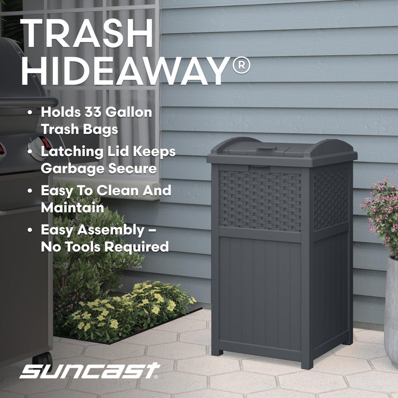 Suncast 33 Gallon Wicker-Style Hideaway Trash Can with Secure Latching Lid and Weather-Resistant Construction for Patio, Cyberspace Grey, Made in the USA - Image 3