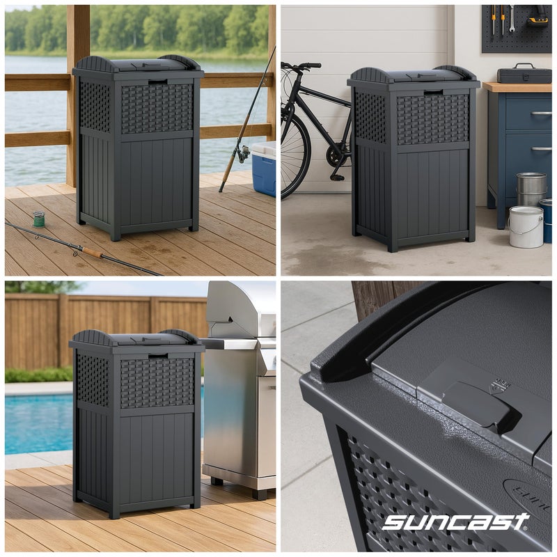 Suncast 33 Gallon Wicker-Style Hideaway Trash Can with Secure Latching Lid and Weather-Resistant Construction for Patio, Cyberspace Grey, Made in the USA - Image 5