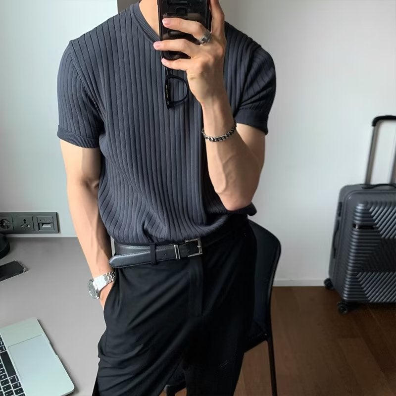 Hong Kong Style Retro Solid Color Short-Sleeved Men'S Trendy Brand Loose Korean Style Trendy All-Match Round Neck Sweater T-Shirt Base Shirt - Image 1