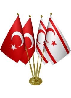 Saturn Table Top TRNC Northern Cyprus Flag Turkish Flag Four Brass Pole Table Flag Set