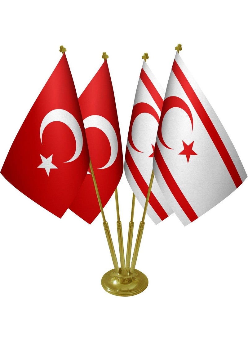 Satürn - Saturn Table Top TRNC Northern Cyprus Flag Turkish Flag Four Brass Pole Table Flag Set - Image 1
