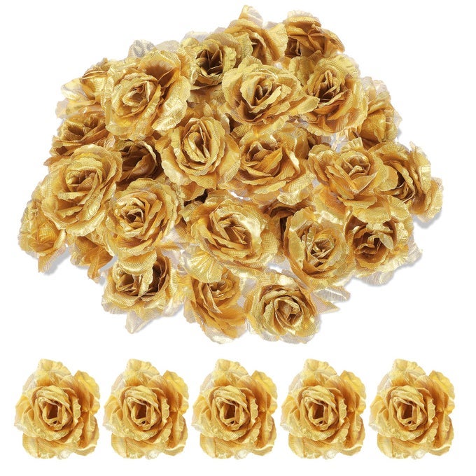 GOLD ROSES ARTIFICIAL FLOWERS 30 PCS FAKE SILK GOLD FLOWERS REAL LOOKING FAUX BLOSSOM ROSE FLOWER HEAD FOR WEDDING BOUQUET PARTY DECOR DIY CRAFTS FLORAL ARRANGEMENTS
