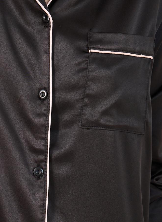 Styli Contrast Piping Detail Longline Shirt and Pyjama Set  - Image 3