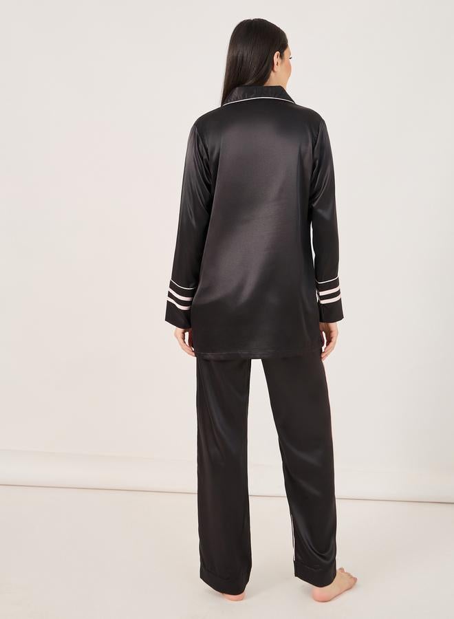 Styli Contrast Piping Detail Longline Shirt and Pyjama Set  - Image 4