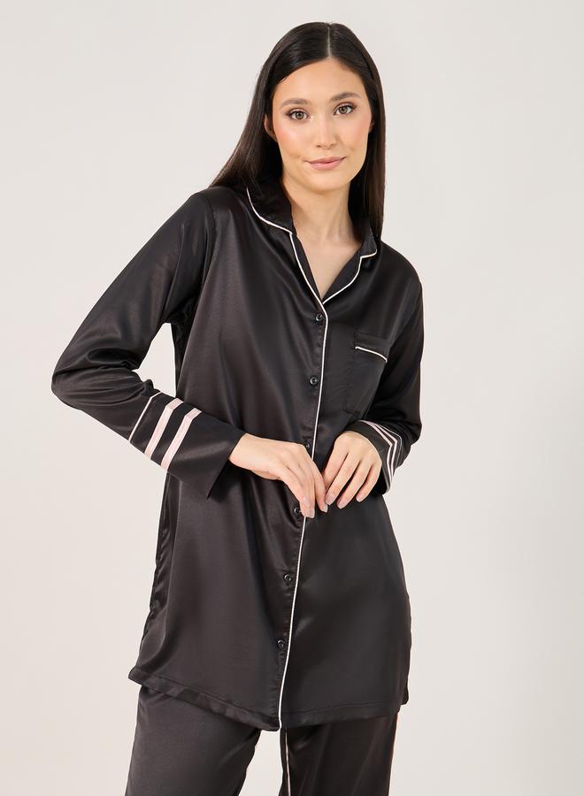 Styli Contrast Piping Detail Longline Shirt and Pyjama Set  - Image 2