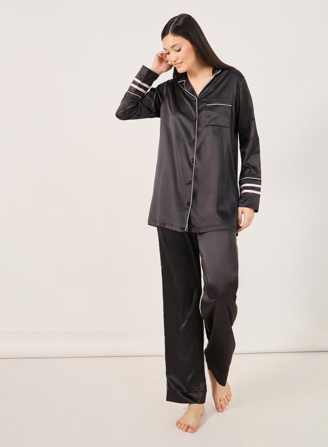 Styli Contrast Piping Detail Longline Shirt and Pyjama Set  - Image 1