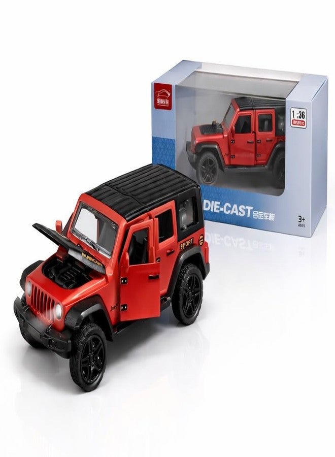 SQUIDSY 1:36 Scale Rubicon Car Model – Die-Cast Metal Pull Back SUV with Openable Doors, Lights & Music – Alloy Off-Road Toy Vehicle for Kids, Boys & Collectors (Red) - Image 1
