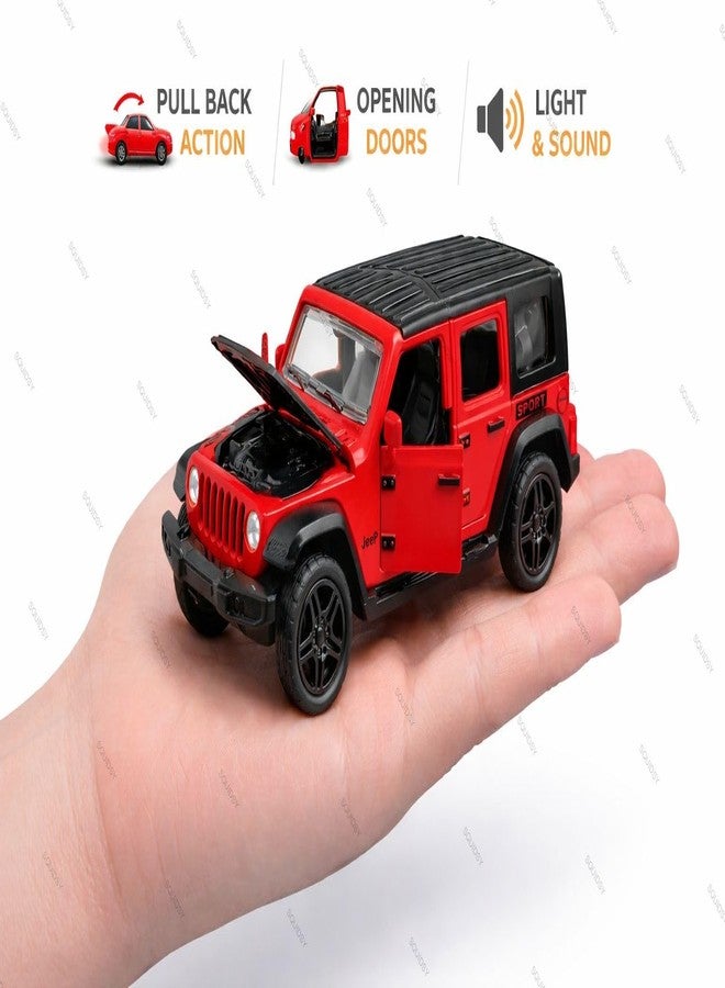 SQUIDSY 1:36 Scale Rubicon Car Model – Die-Cast Metal Pull Back SUV with Openable Doors, Lights & Music – Alloy Off-Road Toy Vehicle for Kids, Boys & Collectors (Red) - Image 3