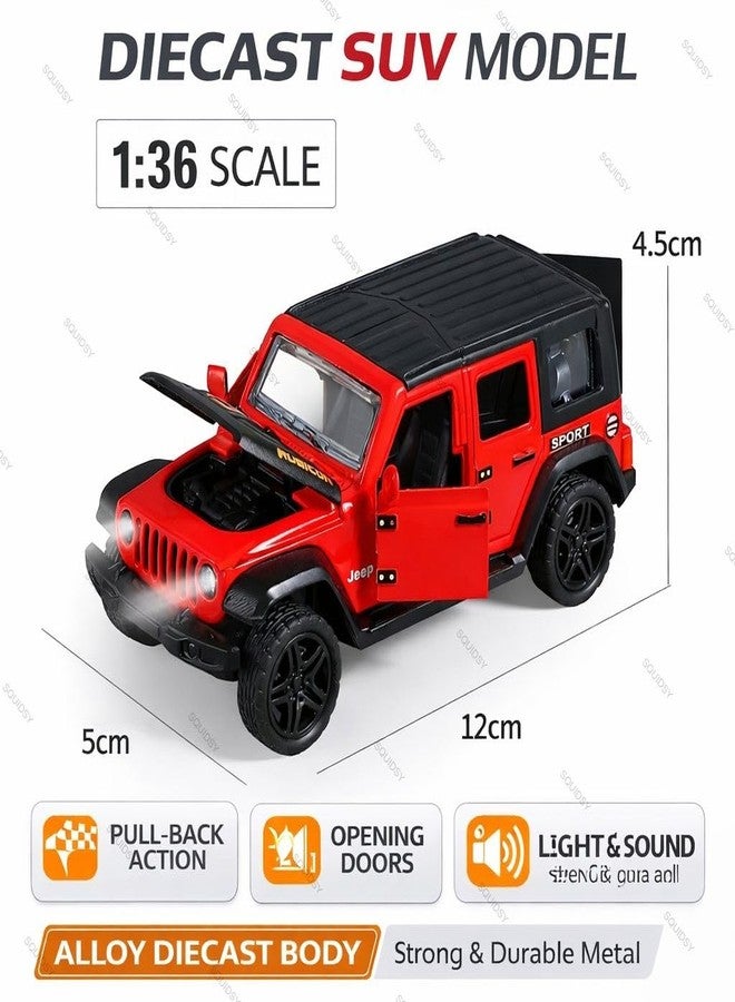 SQUIDSY 1:36 Scale Rubicon Car Model – Die-Cast Metal Pull Back SUV with Openable Doors, Lights & Music – Alloy Off-Road Toy Vehicle for Kids, Boys & Collectors (Red) - Image 4