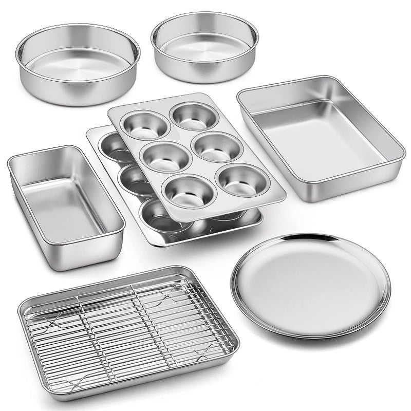 9 Pcs Bakeware Set PP CHEF Stainless Steel Kitchen Bakeware Pans Including Toaster Oven PanCooling RackLasagna PanRound Cake PansMuffinLoafPizza Pan Healthy  Durable Dishwasher Safe