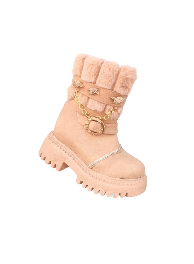 أحذية شتوية للفتيات من الفرو، أحذية كاحل أنيقة للأطفال بنعل مقاوم للانزلاق للاستخدام اليومي