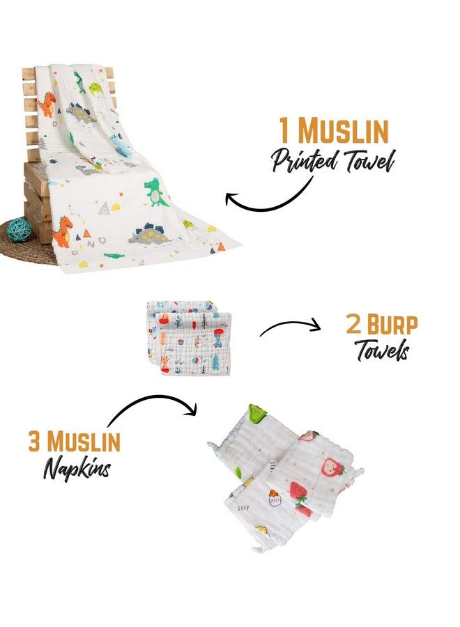 MOM'S HOME Baby Super Soft Absorbent Muslin 6 Layer Wash Towel60X120 Cm (0 3 Years)Printed And Pack Of 3 Napkin And 2 Burp Cloth - Image 3