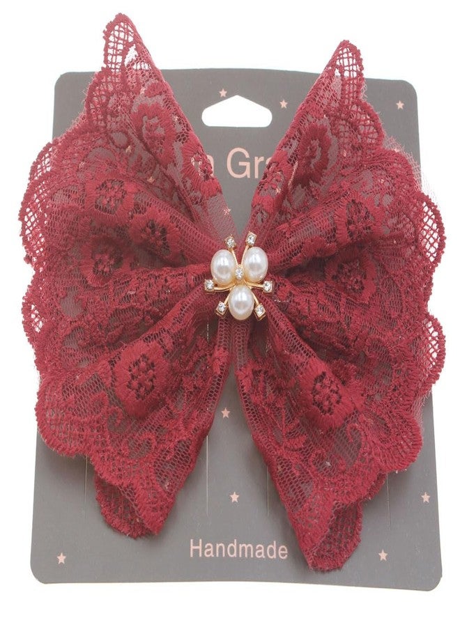 BBTDIN Lace Bow Hair Clip Lace Bowknot Hairpin Kids Girls Big Lace Bow Hair Clips BW51 (A3-Wine Red) - Image 2