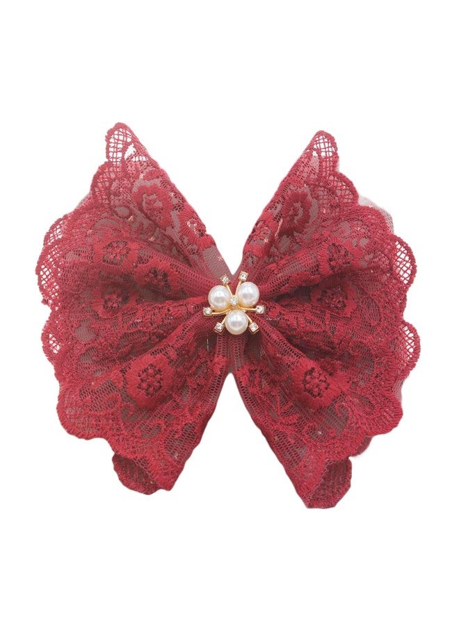 BBTDIN Lace Bow Hair Clip Lace Bowknot Hairpin Kids Girls Big Lace Bow Hair Clips BW51 (A3-Wine Red) - Image 1