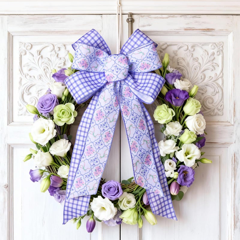 LaRibbons Floral Ribbon Wired 2.5 Inch x 6 Yards, 2 Rolls Purple Flower & Gingham Ribbon Set for Spring Wreaths, Gift Wrapping, Bow Making, Home Decor - Image 2