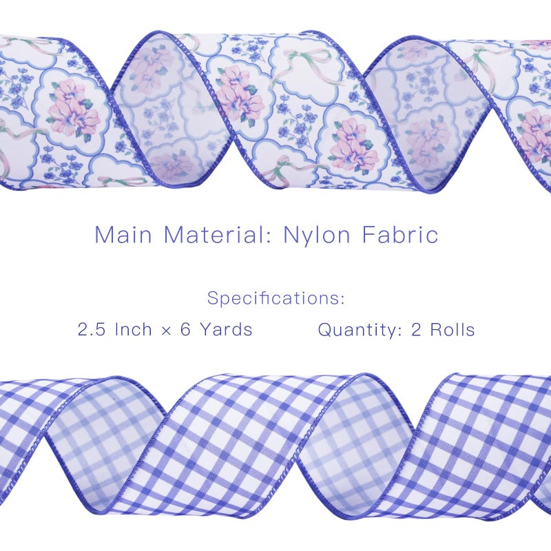 LaRibbons Floral Ribbon Wired 2.5 Inch x 6 Yards, 2 Rolls Purple Flower & Gingham Ribbon Set for Spring Wreaths, Gift Wrapping, Bow Making, Home Decor - Image 4