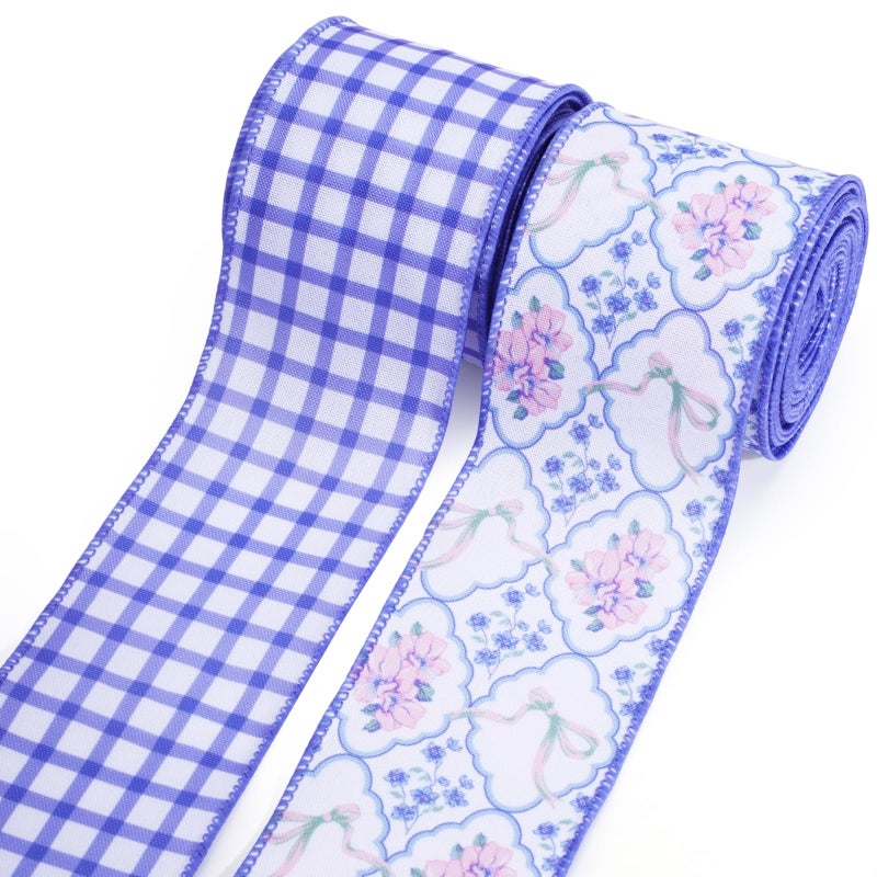 LaRibbons Floral Ribbon Wired 2.5 Inch x 6 Yards, 2 Rolls Purple Flower & Gingham Ribbon Set for Spring Wreaths, Gift Wrapping, Bow Making, Home Decor - Image 1