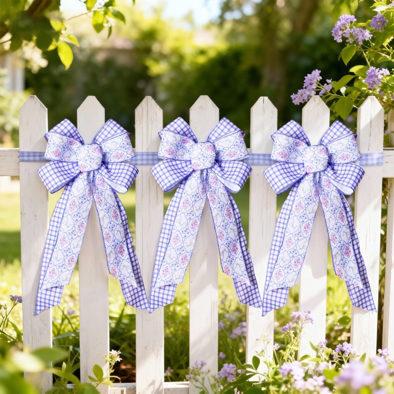 LaRibbons Floral Ribbon Wired 2.5 Inch x 6 Yards, 2 Rolls Purple Flower & Gingham Ribbon Set for Spring Wreaths, Gift Wrapping, Bow Making, Home Decor - Image 5