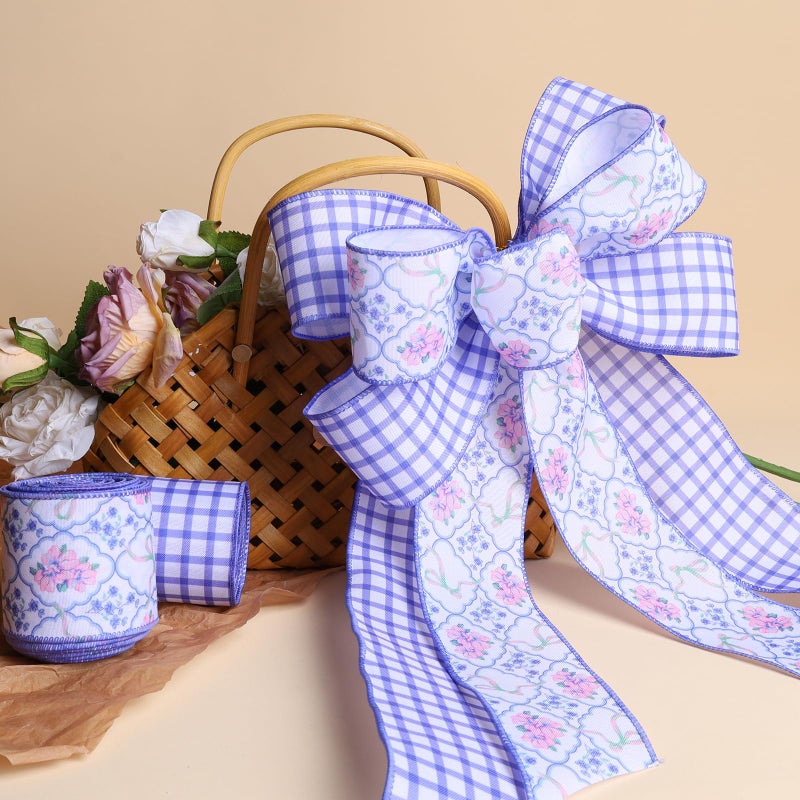 LaRibbons Floral Ribbon Wired 2.5 Inch x 6 Yards, 2 Rolls Purple Flower & Gingham Ribbon Set for Spring Wreaths, Gift Wrapping, Bow Making, Home Decor - Image 3
