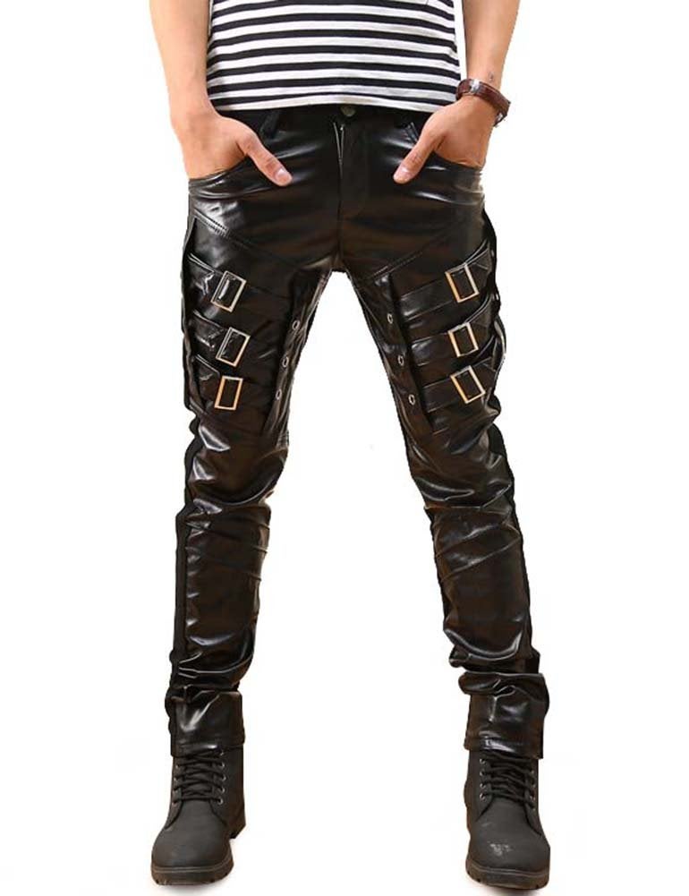 Idopy Men`s Rock Punk Hip Hop Faux Leather Motocycle Pants 31 Black - Image 1