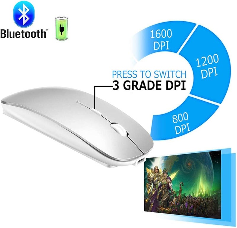 KLO 4 Modes Rechargeable Bluetooth Mouse BT3.0/5.2+USB-2.4G/Type-C,Wireless Mouse for MacBook pro/MacBook air/Laptop/iMac/ipad/Notebook/pc (BT/USB-C Silver) - Image 3