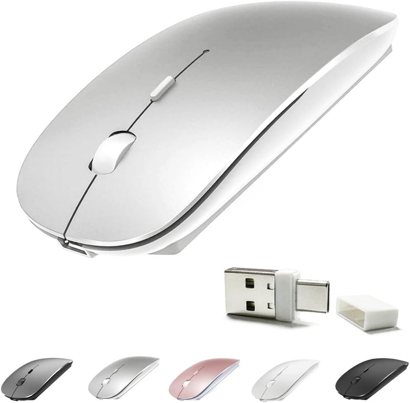 KLO 4 Modes Rechargeable Bluetooth Mouse BT3.0/5.2+USB-2.4G/Type-C,Wireless Mouse for MacBook pro/MacBook air/Laptop/iMac/ipad/Notebook/pc (BT/USB-C Silver) - Image 1