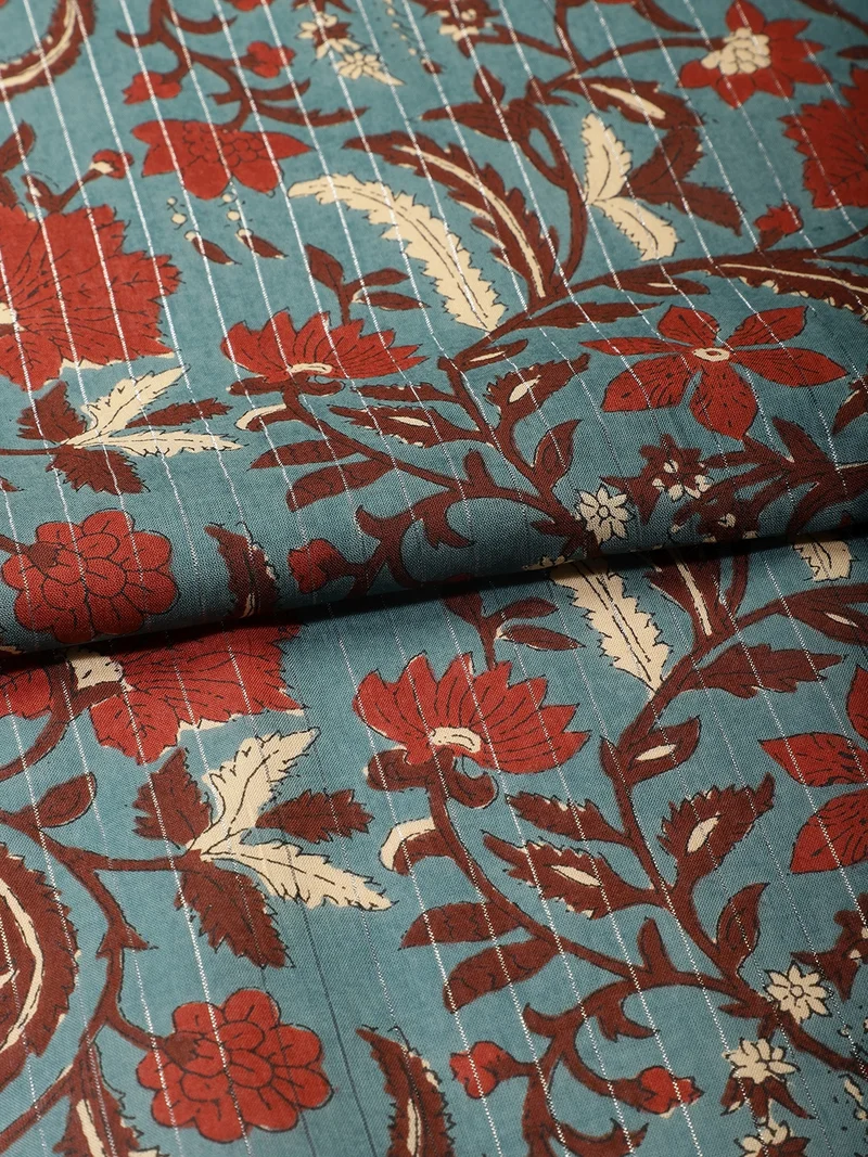 أيه كيه إس Floral Hand-Block Print Fabric in Teal & Rust Red